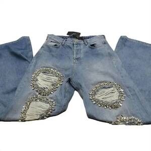 NEW PHILIPP PLEIN women's denim skater wide leg distressed jean in blue